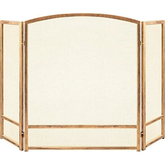47.5x27.25in 3-Panel Simple Steel Mesh Fireplace Screen, Fire Spark Guard Grate for Living Room Home Decor w/Rustic Worn Finish - Antique Gold