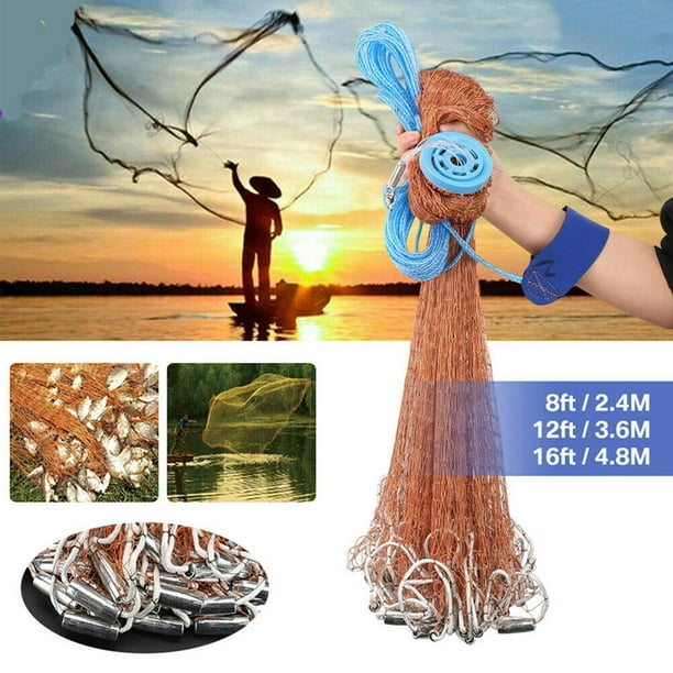Red de pesca de agua de salada Red de pesca de tiro fácil Red de pesca de fuerte / línea de neumáticos de cebo de malla con fregadero C Anillo de aluminio de 24 m
