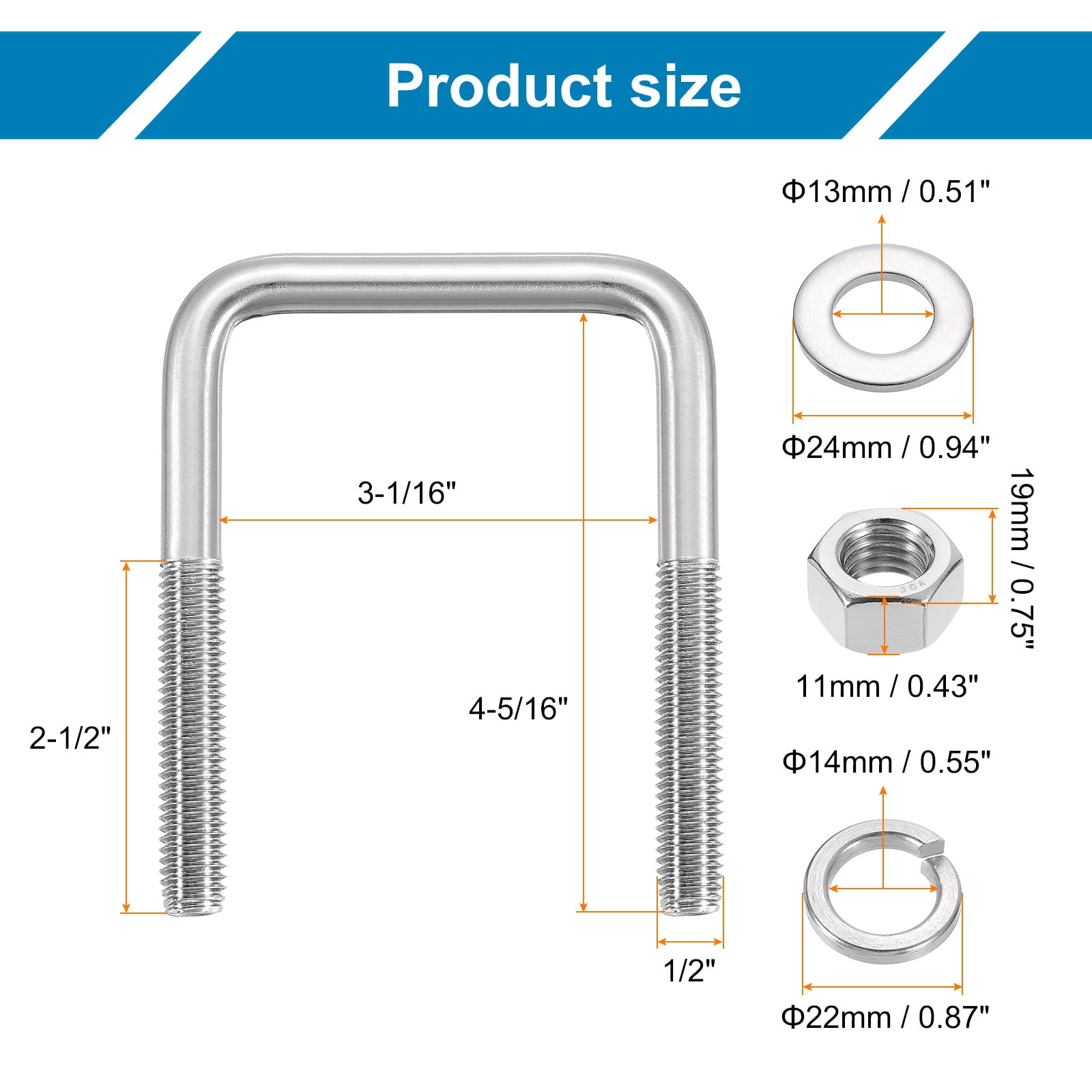 Uxcell U Bolts, 4 Set 3-1/16" x 4-5/16" - 304 Stainless Steel Square U Bolt with Washers and Nuts, Heavy Duty U-Bolts for Boat Trailer Ski Boat Trailer Sailboat Industrial Fasteners