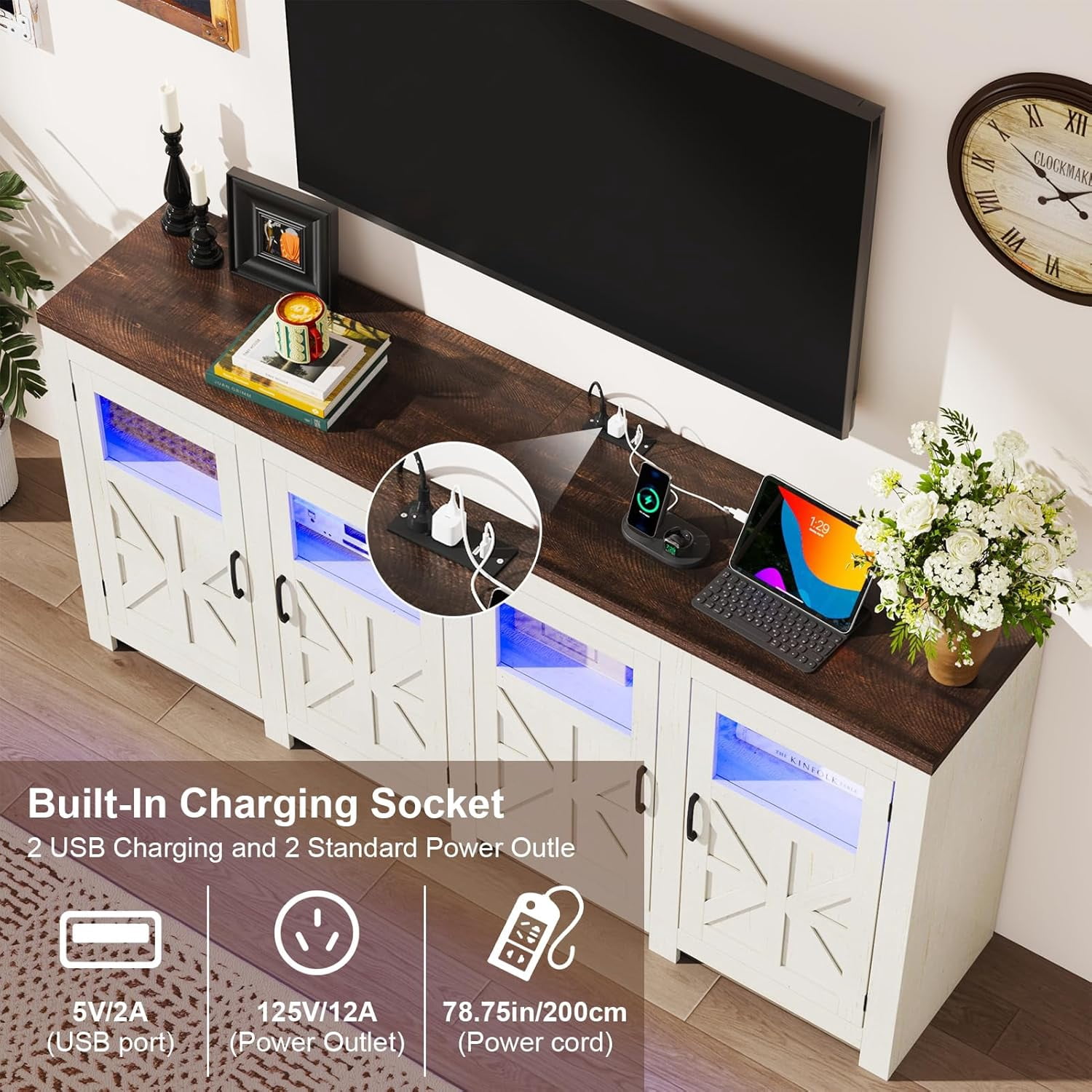 ChVans LED Farmhouse TV stand for up to 85" TVs with Power Outlet, 74" Large Entertainment Center Console Table, 33.5" Tall Rustic Media Console w/Storage Shelves for Living Room