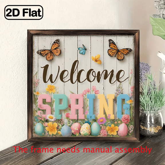 2D Flat 8x8inch Wooden Sign Welcome Spring Floral Wall Art with Butterflies and Easter Eggs, Rustic Wooden Frame, Seasonal Home Decor Wall Art Decor.