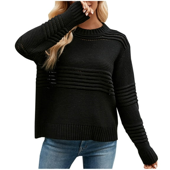 IROINNID On Sale Pullover Sweater for Women Solid Color Loose Long Sleeve Round-Neck Sweater Trendy Lightweight Top,Black