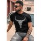 thumbnail image 3 of ABPHQTO Camiseta de manga corta ajustada con estampado de cabeza de vaca y letras negras para hombre, 3 of 5