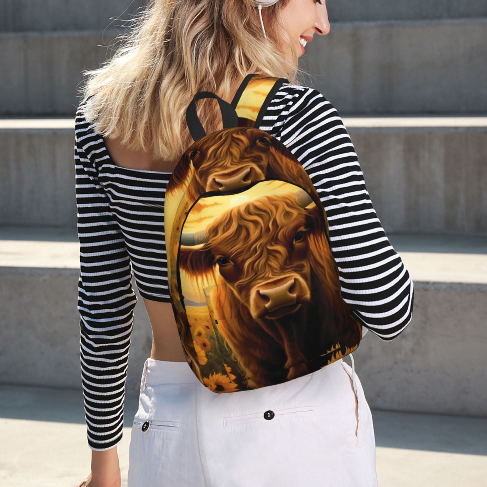 Vsdgher Sunset Sunflower Cow A Print Canvas Backpack Travel Rucksack Unisex Knapsack 15.7/17.7Inch Laptop Backpack for Work,College -Medium