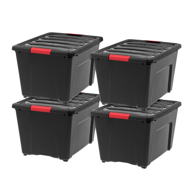 IRIS USA 4 Pack 53 Quart Plastic Storage Bin Tote Organizing Container, Black with Red Buckle