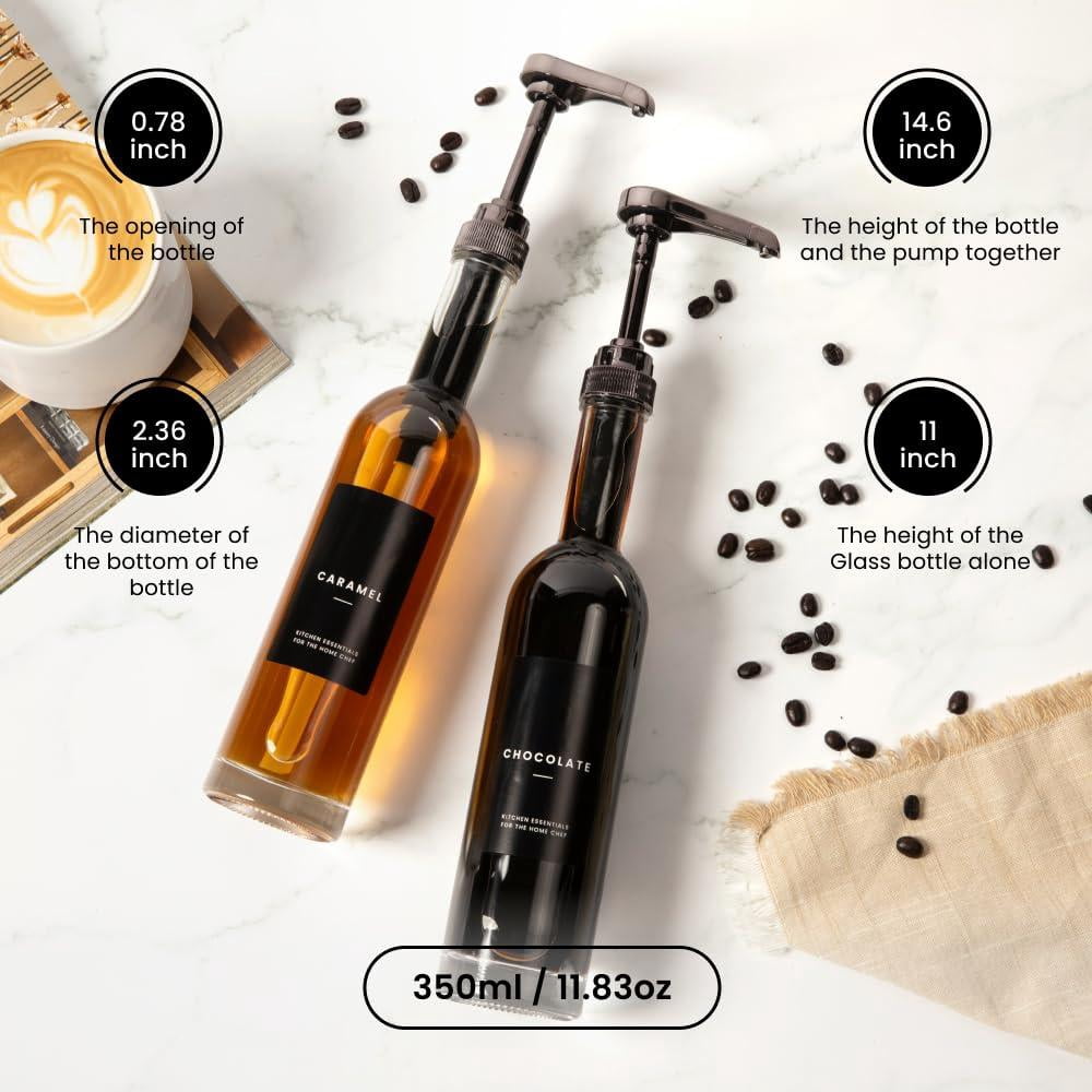 Set Of 4  350ml Coffee Syrup Dispenser For Bar Pump Glass Bottle W. Pumps Simple Labels (black)