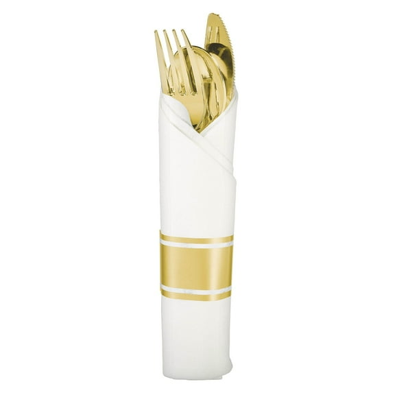 Amscan Elegant Gold Rolled Cutlery Set with Printed Guest Towel