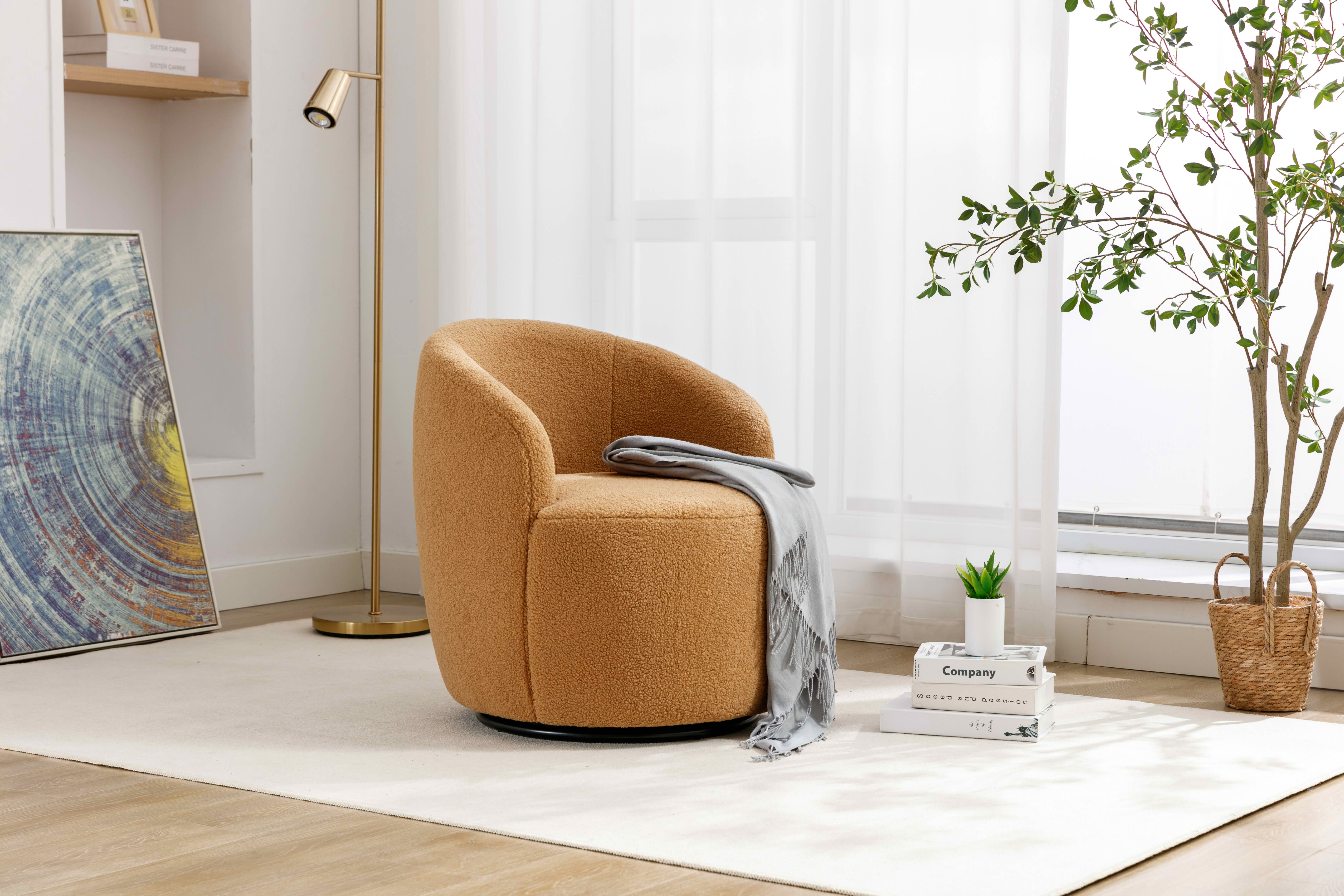 MAYEERTY Teddy Fabric Swivel Accent Armchair Barrel Chair, with Black Powder Coating Metal Ring, Khaki
