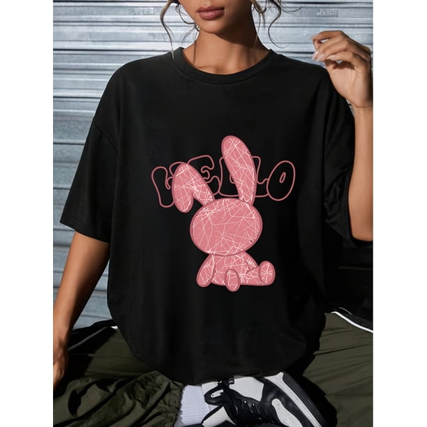 Easter Rabbit Graphic Round Neck T-shirt, Short Sleeves Pullover Sports Casual Tops, Women's Active wear