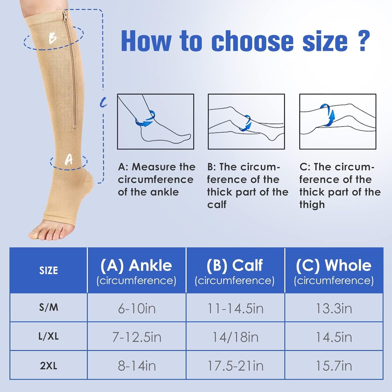 2 Pairs Sunm Boutique Zipper Compression Socks for Women & Men, 15-20 mmHg Open Toe Compression Stocking with Zipper (Black+Beige)