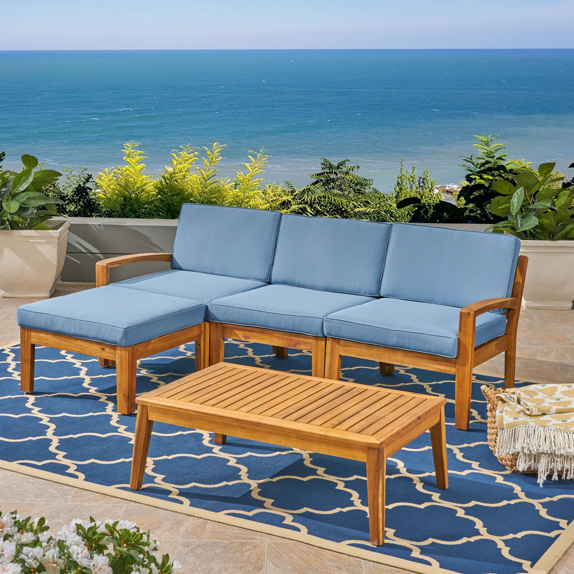 5pc Brown and Blue Outdoor Patio Conversation Set with Cushions 39.5" - image 2 of 7