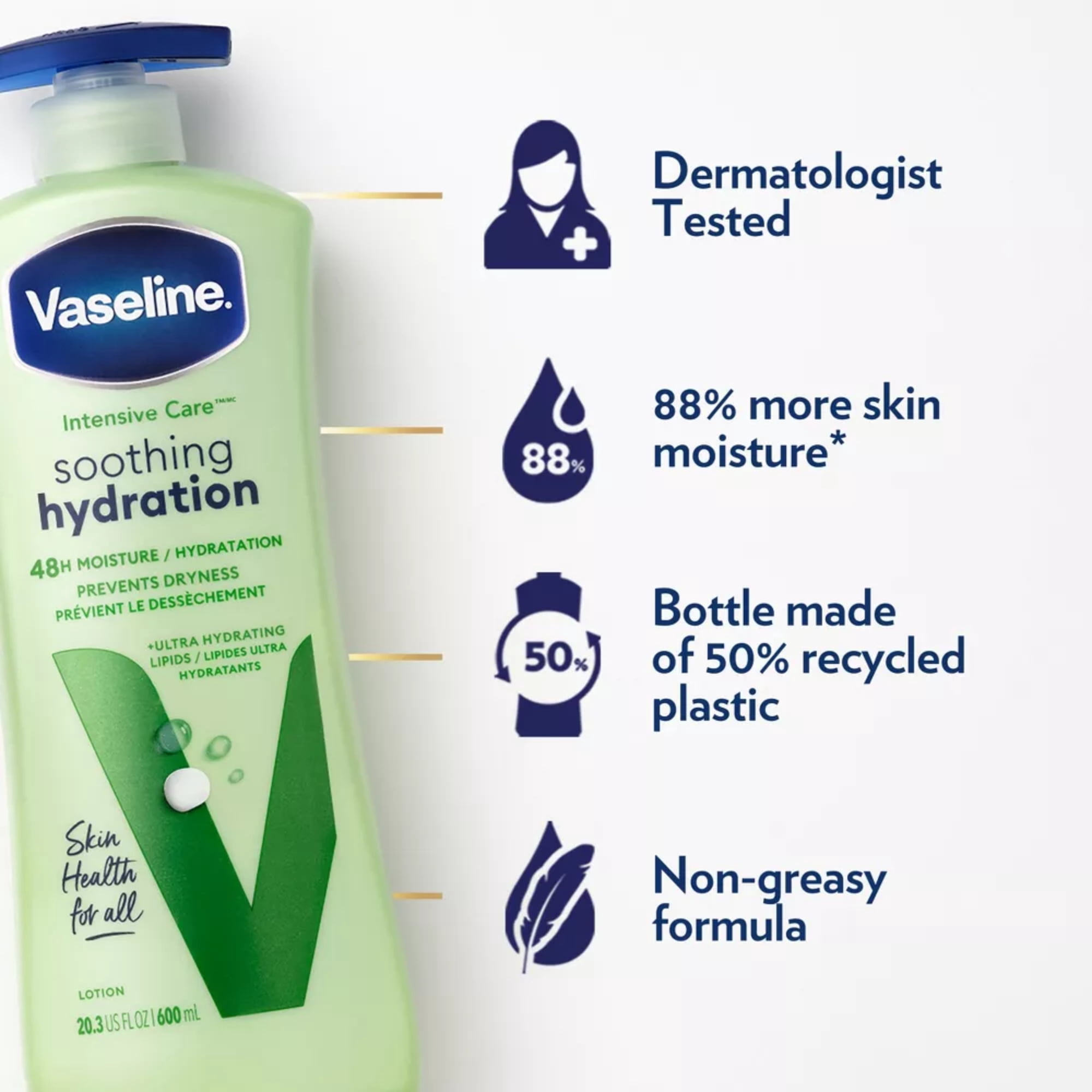 Vaseline Intensive Care Soothing Hydration Non Greasy Women's Body Lotion Dry Skin, 20.3 fl oz Each, Pack of 2