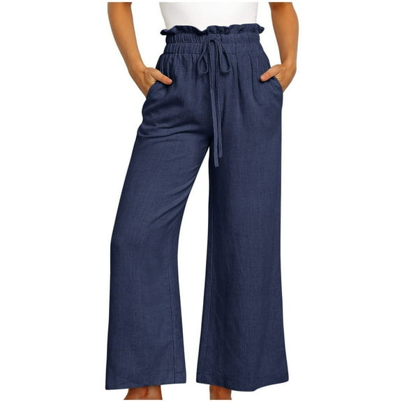 Wycnly Palazzo Pants for Women Linen Long Pants for Women Casual Solid Drawstring Elastic Waist Plus Size Wide Leg Palazzo Pants Cotton Linen Comfy Trousers with Pocket Under $5