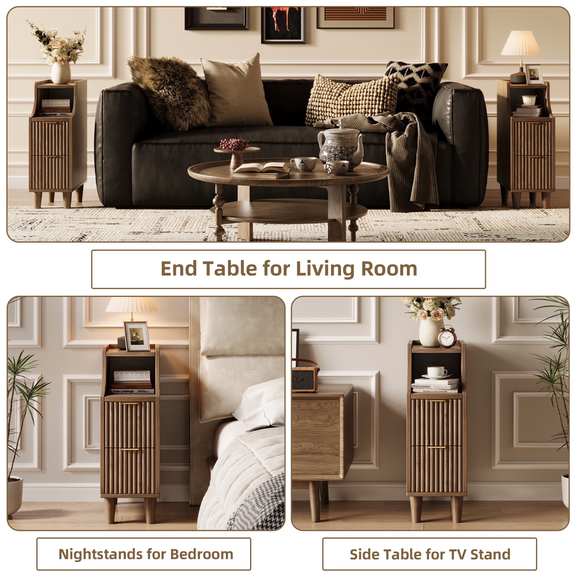 UGTOO Set of 2 Nightstands with 2 Drawers and Open Shelf, Mid-Century Modern Slim End Side Table for Bedroom and Living Room, Walnut Finish with Gold Accents