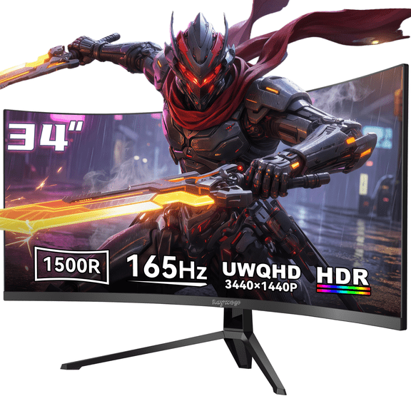 Raywego 34" Ultrawide Curved Gaming Monitor 165Hz, WQHD 3440x1440, 1500R-PIP,BPB Computer Monitor 1ms, SRGB127%, HDMI 2.0 x2, DP 1.4 x2, Black