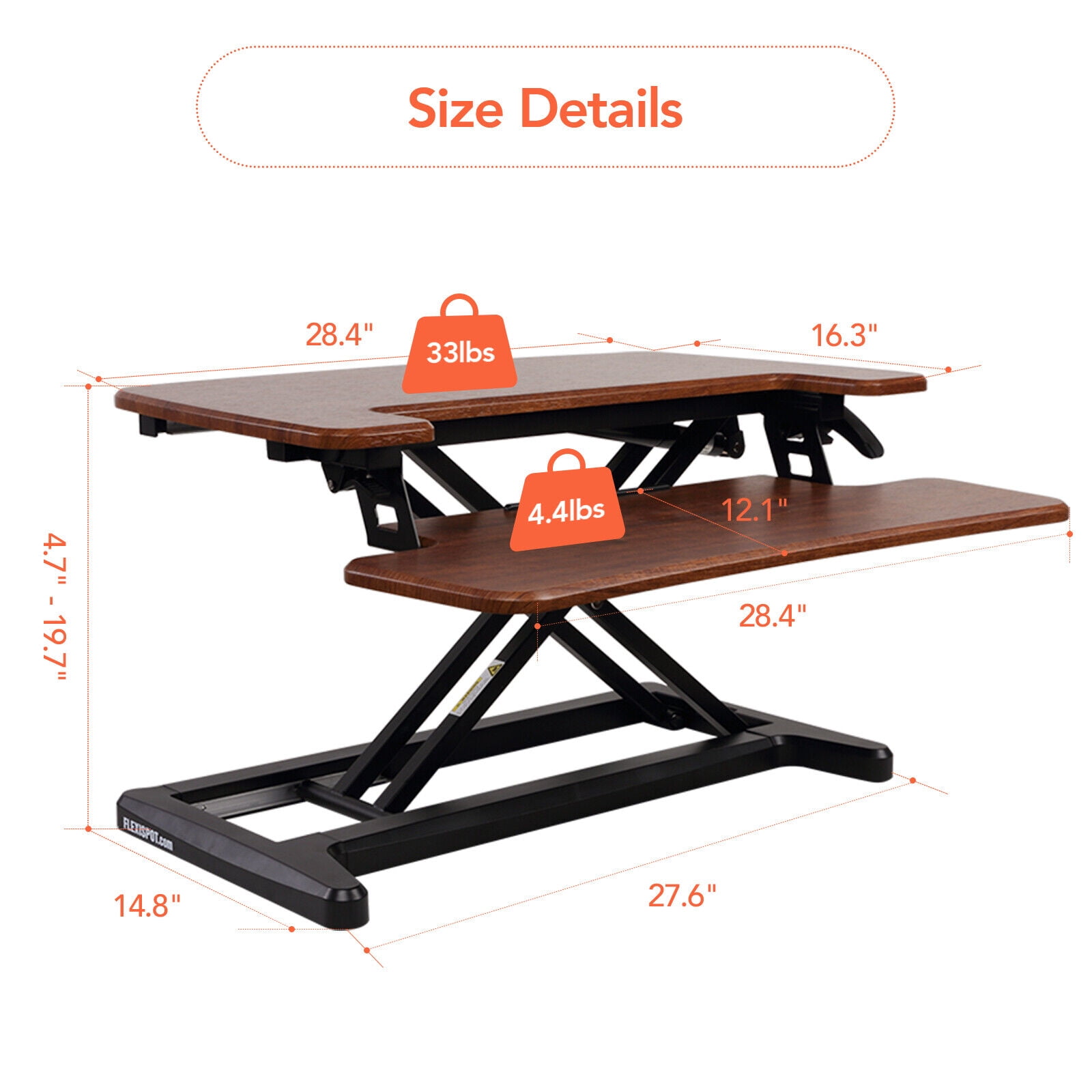 MarketLane 27.6 inch Desk Converter, K Series, Height Adjustable Sit to Stand Riser, Dual Monitor and Laptop Workstation with Wide Keyboard Tray, Dark Walnut Top, Black Frame