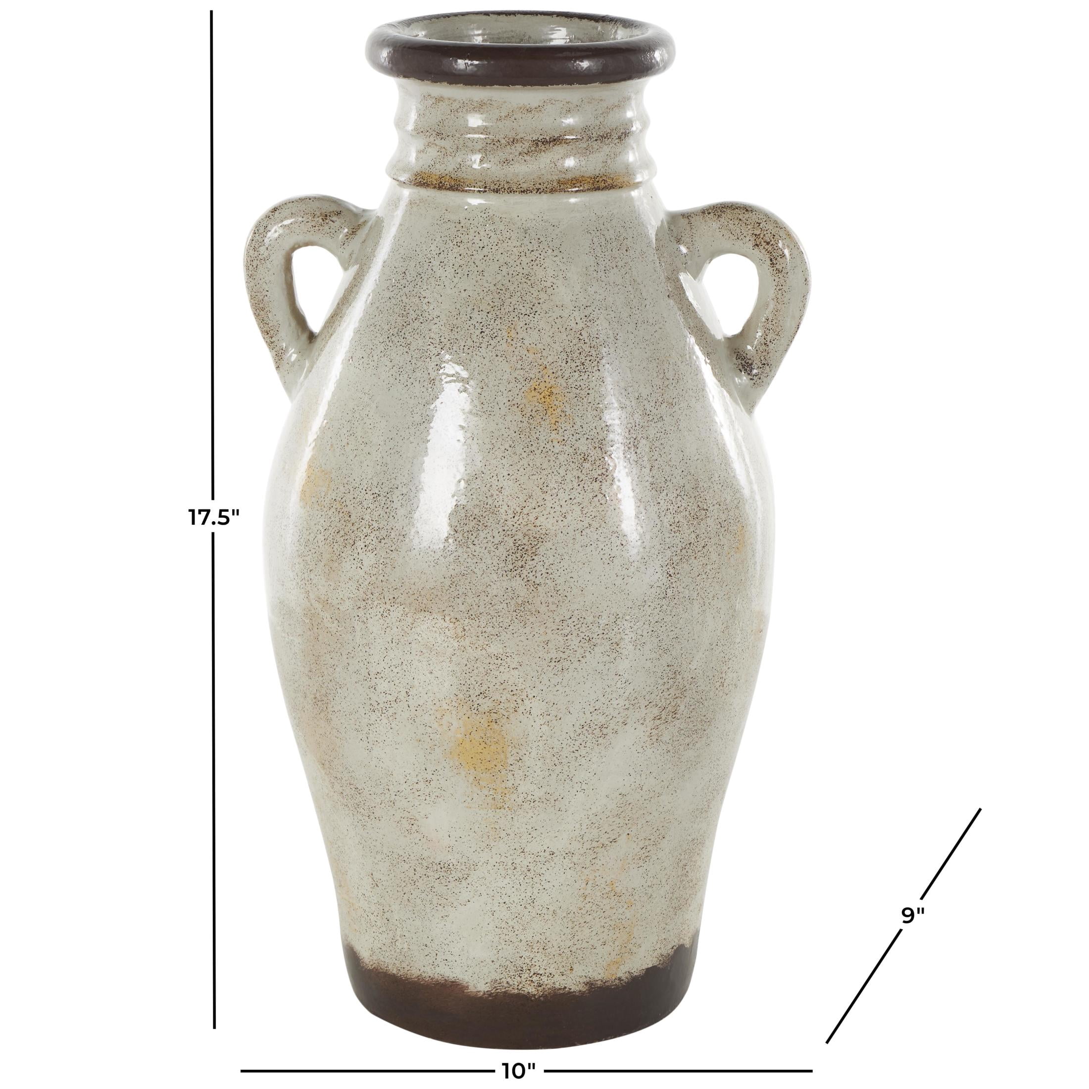 DecMode 18" Antique Amphora Cream Ceramic Vase with Speckled Texturing and Yellow and Brown Accents