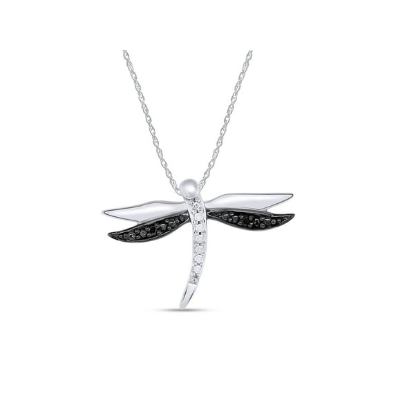 AFFY Black And White Natural Diamond Accent Dragonfly Pendant Necklace In 14K White Gold Over Sterling Silver (0.03 Cttw)
