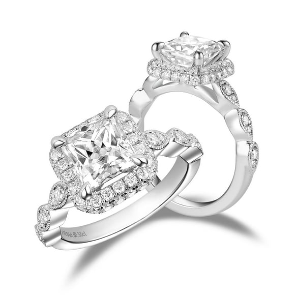 DovEggs Princess Astro Cut Moissanite Engagement Ring for Women 2 Carat 7x7mm G-H-I Color Moissanite Halo Wedding Ring Sterling Silver with Accents for Women Band Width 2.3mm (5.5)