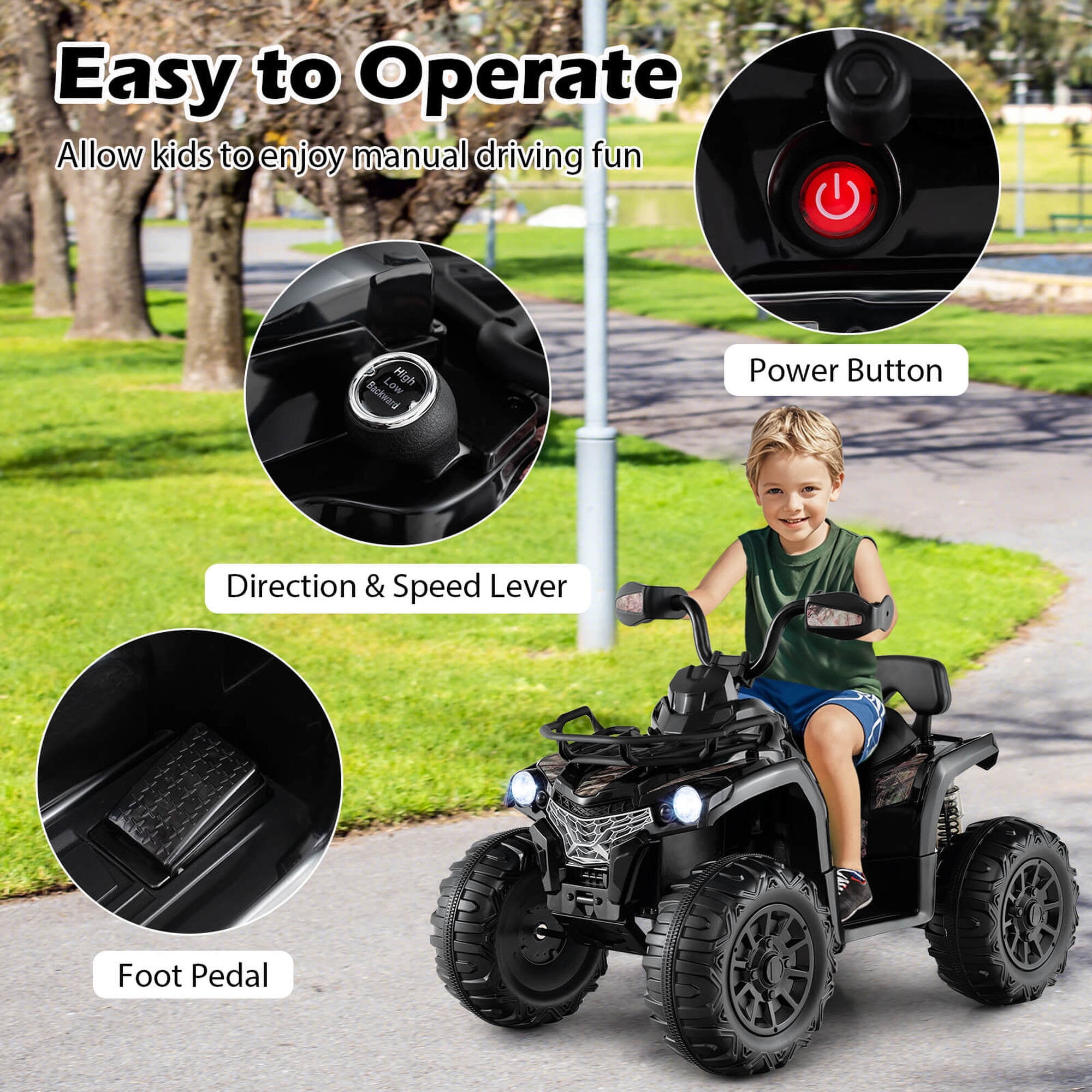 Costway 12V Kids Ride On ATV 4 Wheeler Electric Vehicle with Music & Headlights Soft Start Black