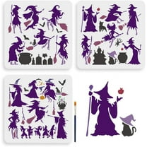 3pcs Witch Stencils 11.8×11.8inch Witch on a Broom Stencil Template with Paint Brush Tomb Bat Magic Theme Drawing Stencil for DIY Projects Crafts Furniture Canvas Wall Decor DIY