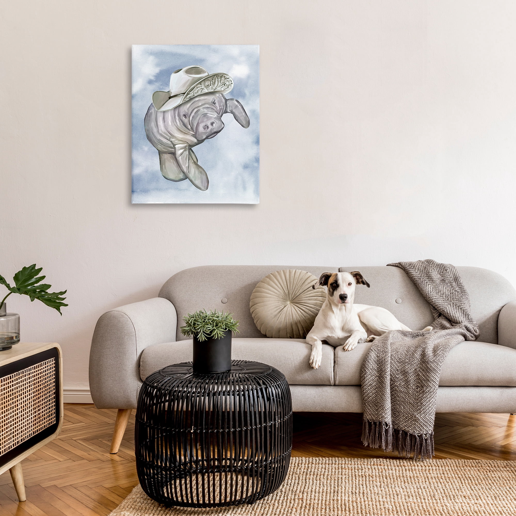 Stupell Industries Manatee with Stylish Hat Animals & Insects Painting Gallery Wrapped Canvas Art Print Wall Art, 30 x 40