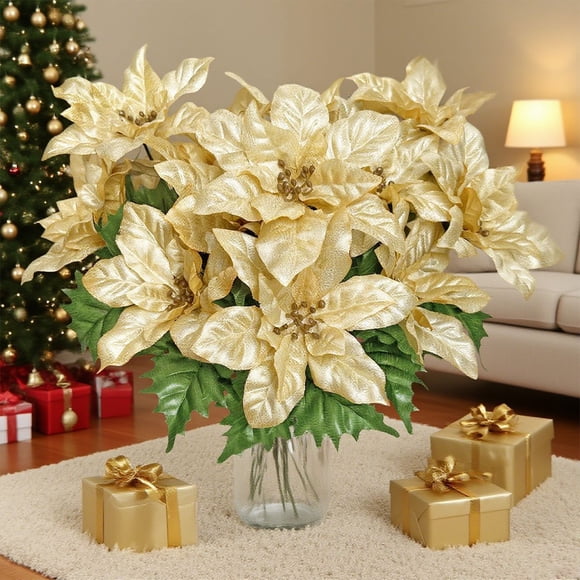 CREATITOY 7 Pcs Golden Christmas Simulation Flowers, Metallic Artificial Floral s for Xmas Tree Family Party Decorations