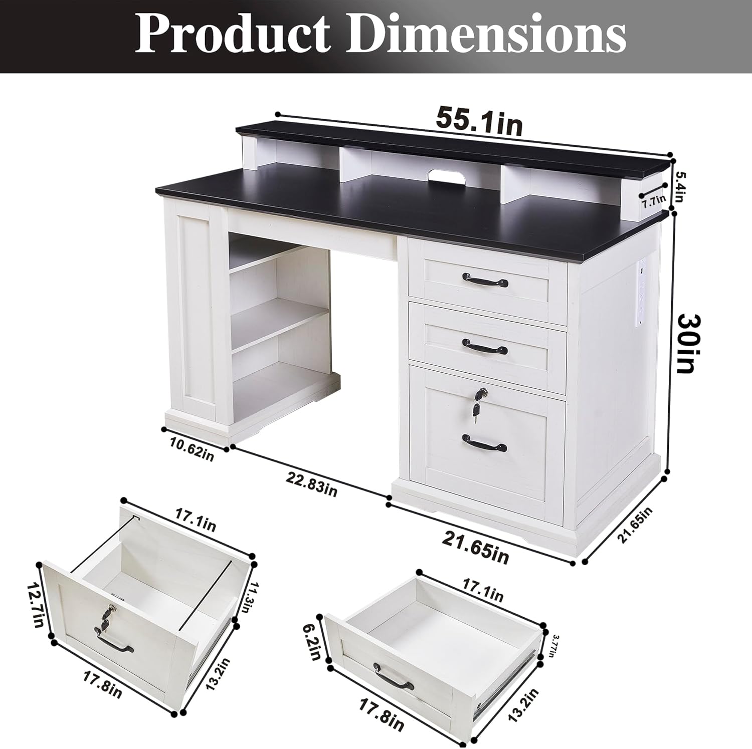 55”Farmhouse Executive Desk with Side Bookshelf, Home Office Desk with Monitor Stand, 2 Drawers & Lockable File Cabinet,Rustic Computer Desk with Built-in Power Outlet (55")