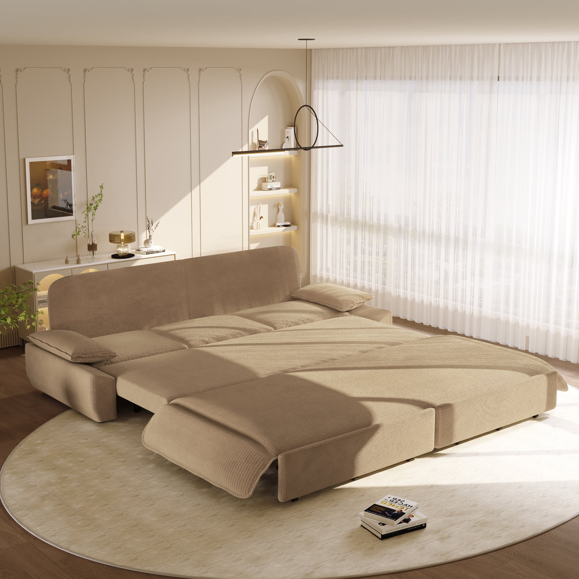 Leumius 94.5" Pull Out Sofa, King Size 3-in-1 Convertible Sleeper Sofa Bed, Multi-Functional Corduroy Bed for Living Room Bedroom Camel