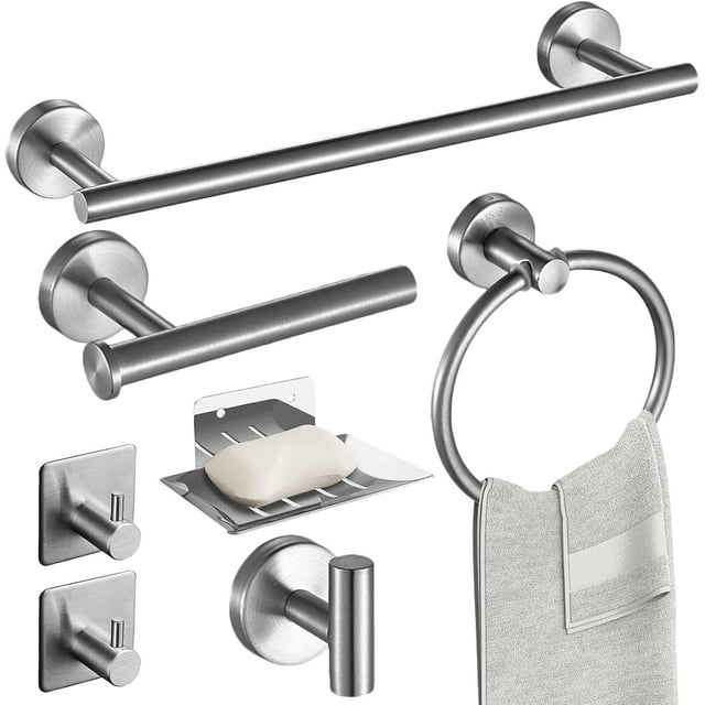 Juego de Accesorios de Baño 7 Piezas, Toalleros de Anillo+Toalleros de Barra+Portarrollos para Papel+Ganchos para Toallas+Jabonera+2 Gancho Adhesivo, Acero Inoxidable, Adecuado para Baños, Cocinas
