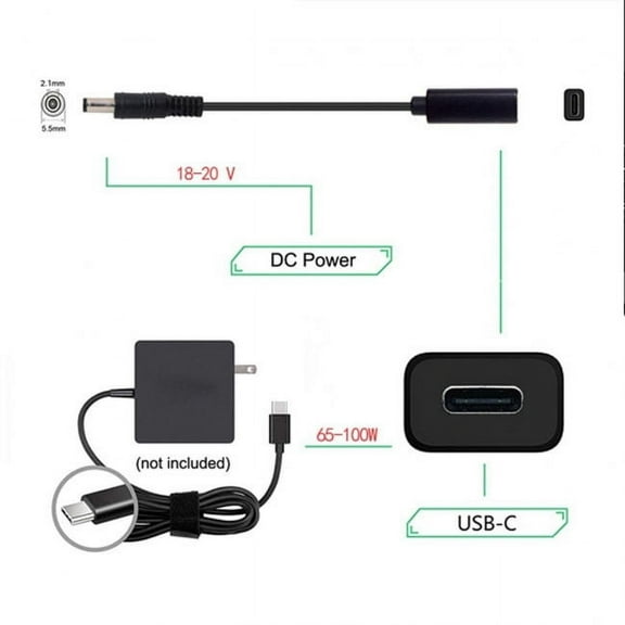 JSER Type C USB-C Female Input to DC 5.5*2.1mm Power PD Charge Cable fit for Laptop 18-20V