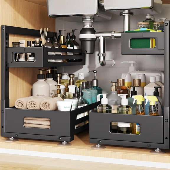 2-Pack 17-Inch Deep Under Sink Pull Out Organizer, 2-Tier Slide Out Drawer with Adjustable Height, Black