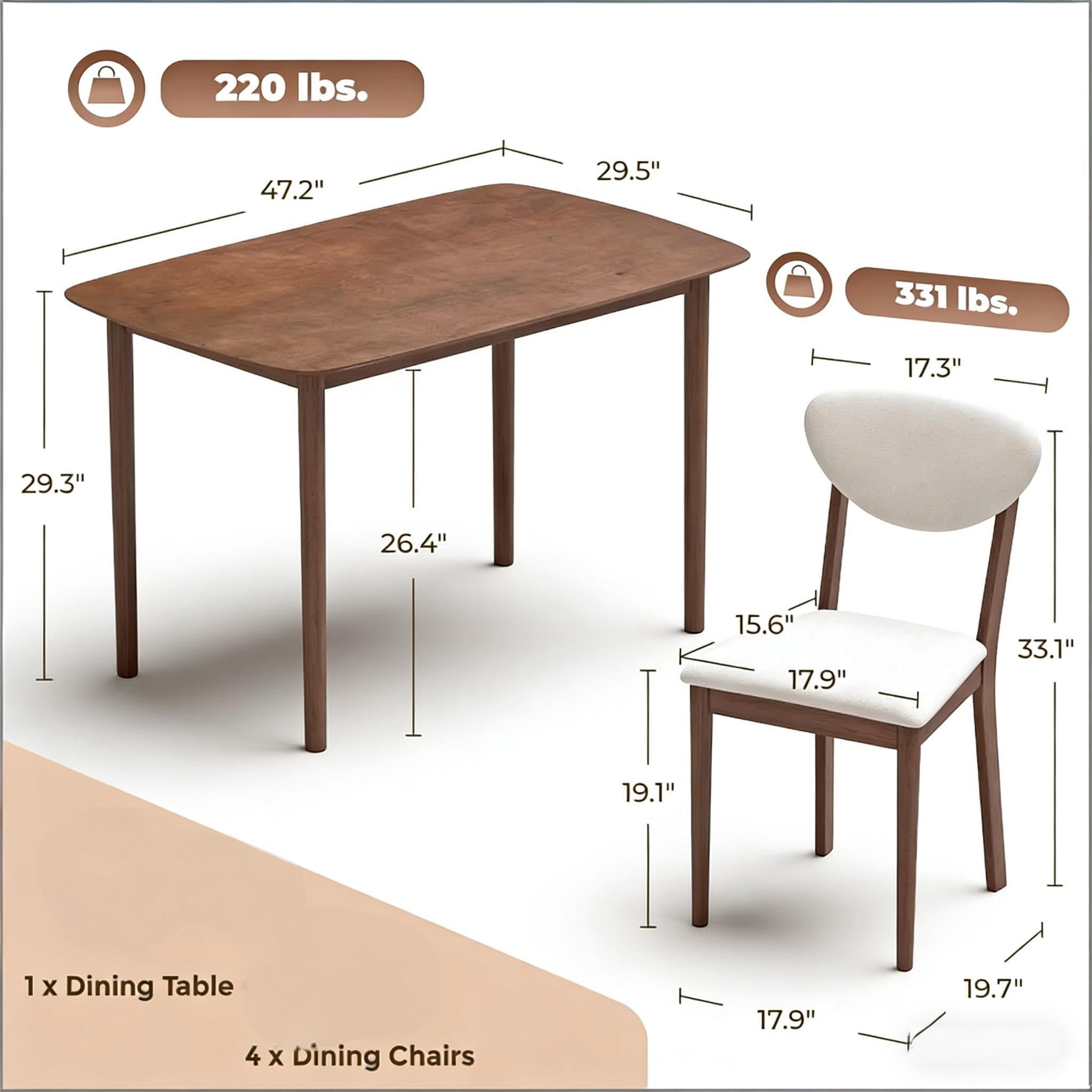 5-piece Dining Table Set for 4, 47.2" Rectangular Dining Tablewith 4 Upholstered Chairs
