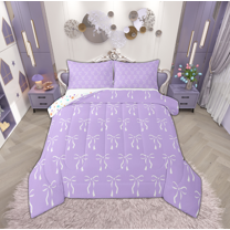 Manfei Teens Princess Bow-tie Queen Comforter Set, Dreamy Purple Bow Bedding Sets, Kawaii Cute Cartoon Reversible Bedding Comforter Set, Lightweight Room Decor, 3-Piece