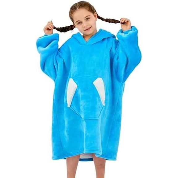 Wearable Blanket Hoodie for Kids, Sherpa Oversized Sweatshirt Blanket Flannel with Hood Pocket and Sleeves (Blue)
