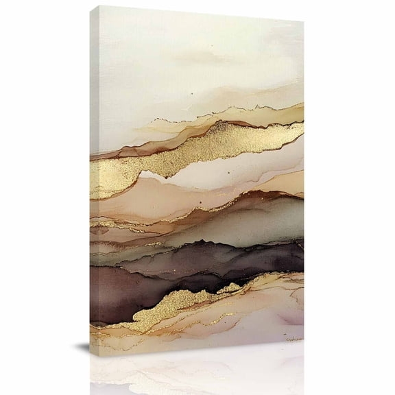 Canvas Wall Art, Marble Brown Gold Framed Canvas Prints for Living Room Office, Abstract Watercolor Geometric Rock Large Gallery Wrapped Wall Decor for Home Office, Gifts, 16"x24" Ship Next Day