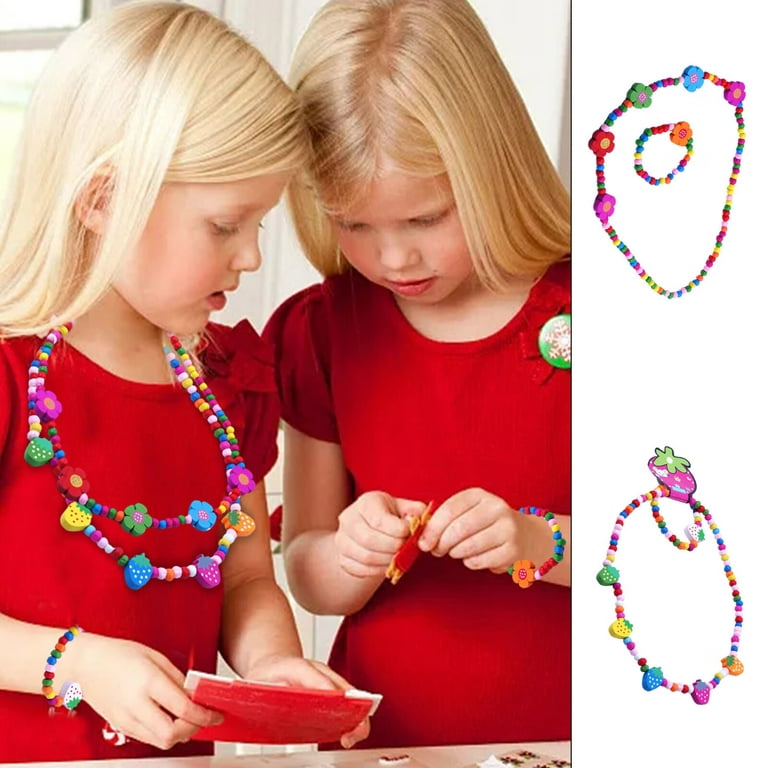 Jewelry 2Pcs/Set Little Girls Jewelry Set Wooden Stretch Necklace Bracelet  Play Jewelry Gifts for Kids Bracelets for Women Wood Pink