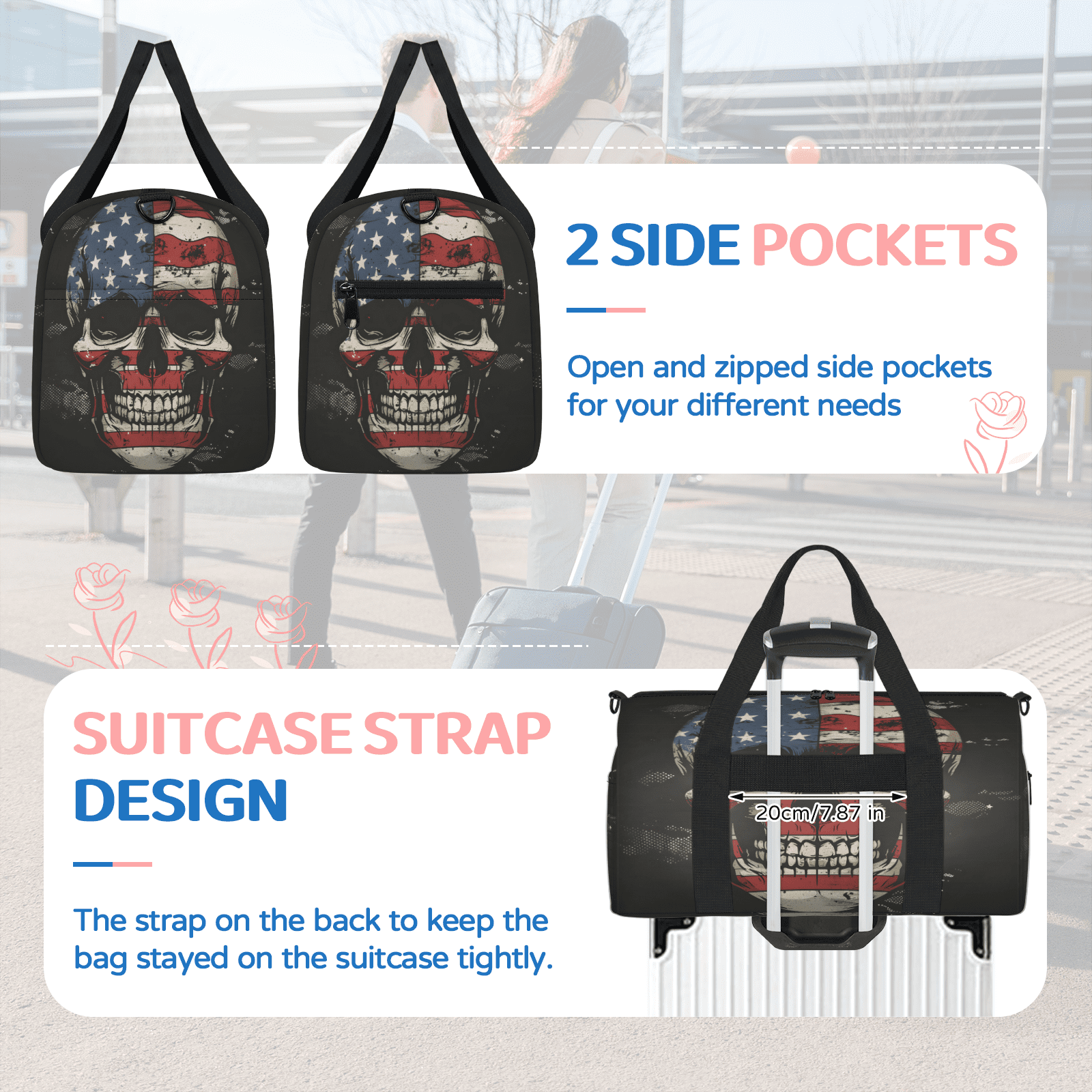 Herdesigns Skull American Flag Travel Duffle Bag Sports Yoga Weekender Overnight Carry on Workout Bags Lightweight Waterproof Gym Tote Bag for Women