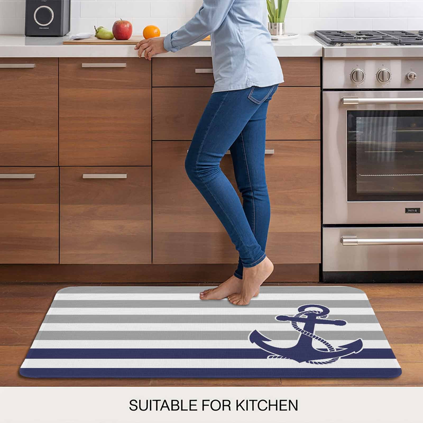 Anchor Gray Doormat Outdoor Entrance 24"x36", Modern Navy Blue White Striped Nautical Absorb Moisture Dirt Door Mats, Non-Slip Rubber Backing Floor Mats Indoor, Low-Profile Front Door Rugs