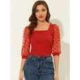 thumbnail image 2 of INSPIRE CHIC Women's Casual Square Neck 3/4 Mesh Sleeve Tops Red L, 2 of 5