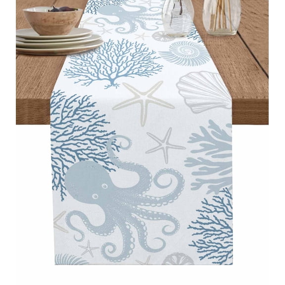 ERUNPONLY Blue Octopus Coastal Table Runner - 90 Inch Long Nautical Coral Starfish Cotton and Linen Blended Dress Scarves Farmhouse Table Runner for Kitchen Dining, Coffee Table, 13" x 90"