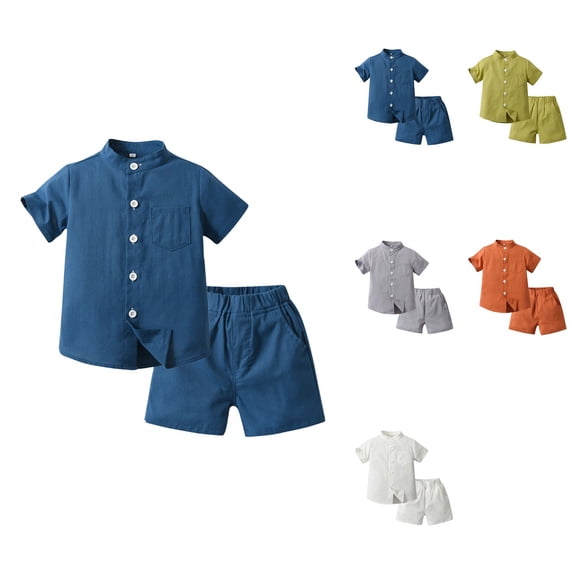 Toddler Boys Girls Short Sleeve Cotton Linen Band Collar Button Down T-Shirt and Shorts Set, Summer Casual Hawaii Beach Holiday Solid Color Outfit