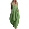 thumbnail image 2 of Women Button Down Cotton Jumpsuits Plain Strap Sleeveless Casual Wide Legs Rompers Loose Overall with Pockets, 2 of 6