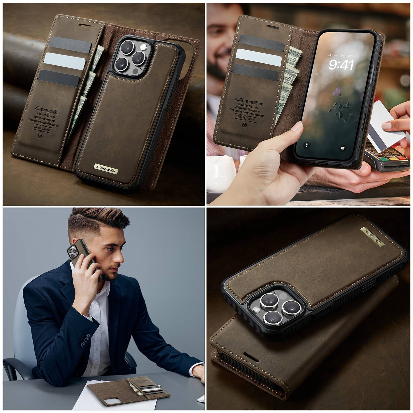 Magnetic 2 in 1 Magsafe Detachable Wallet Case for iPhone 16 Pro Max with Card Holder Women Men, Retro PU Leather【RFID Blocking】Kickstand Shockproof Cover
