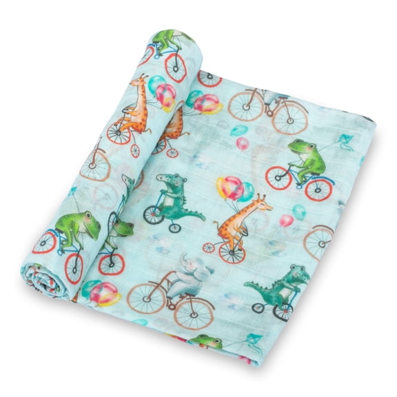 LollyBanks Baby Blanket, 100% Cotton Muslin Swaddle for Baby Boys and Girls, Soft and Breathable 47 x 47 Inches Receiving Blanket, Lightweight Newborn Swaddle Blankets, Registry (Animal Bike Print)