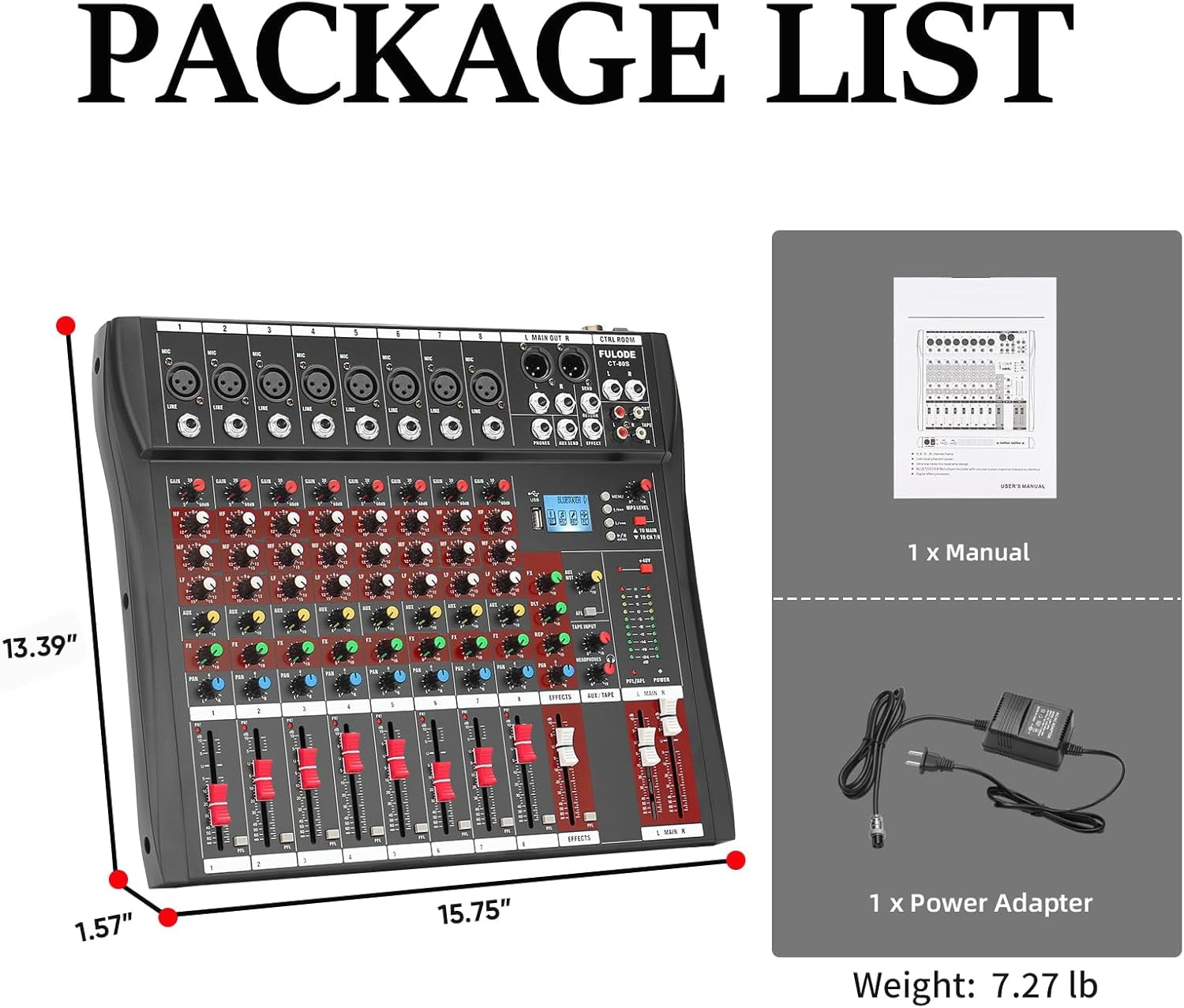 Audio Mixer 8 Channel, CT-80S Professional Sound System Mixer Board DJ Mixing Console with Reverb MP3 Player Bluetooth 48V Phantom Power Supply USB Recording for Studio Karaoke Live Music