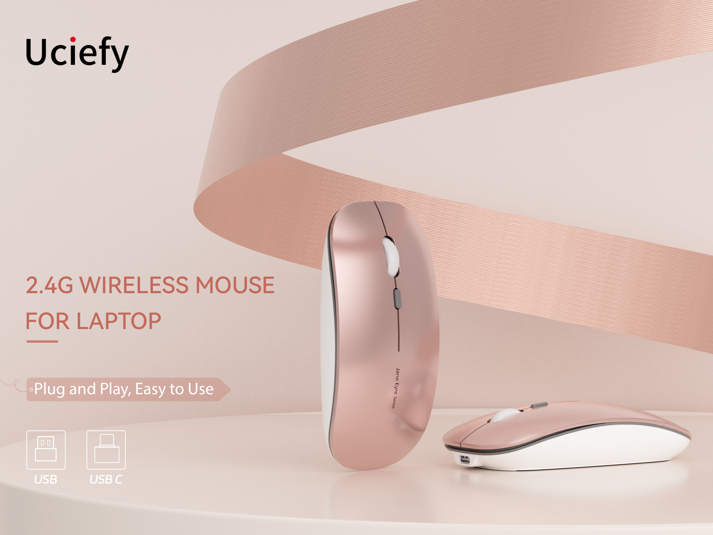 Uciefy Wireless Optical Mouse, Rechargeable, Rose Gold photo 6