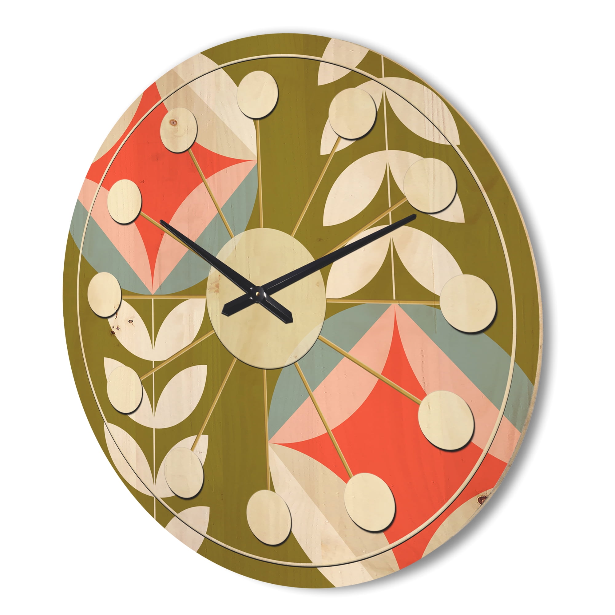 Designart 'Botanical Retro Pattern I' Mid-Century Modern Wood Wall Clock