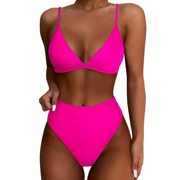 Alkepwun Bikini Sets Women's Solid Color Sexy Triangle Bathing Suit Adjustable Thin-Strap Padded Bandeau Top and High-Waisted Tummy-Control Triangle Bottom