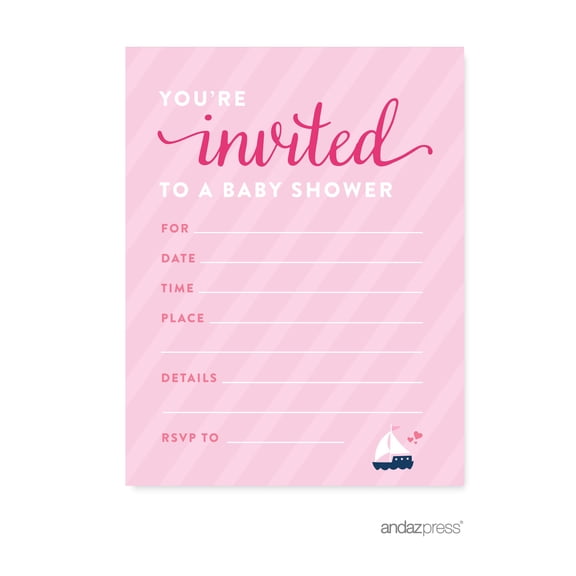 Koyal Wholesale Pink Girl Nautical Baby Shower Paper Invitations, Blank Cards with Envelopes, 20-Pack